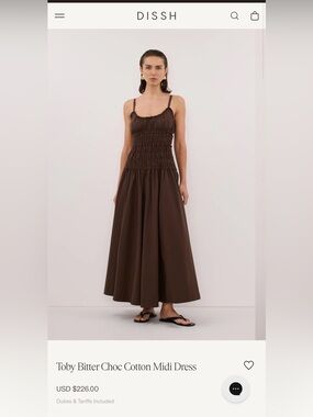 DISSH Toby Choc Cotton Midi Brown Smocked Dress — Size 4 — NWT